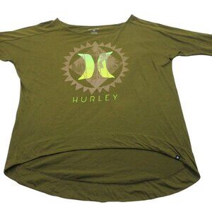 Hurley Tee Shirt Men Medium Green Short Sleeve Spell Out Logo Crew Neck High Low